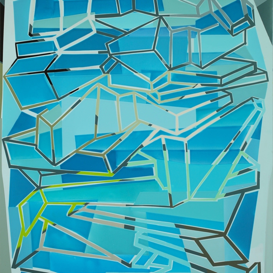 Susan Dory creates colorful, lively acrylic paintings on canvas, layered with deconstructed geometric forms