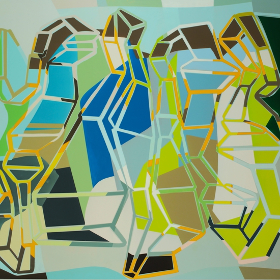 Susan Dory creates colorful, lively acrylic paintings on canvas, layered with deconstructed geometric forms