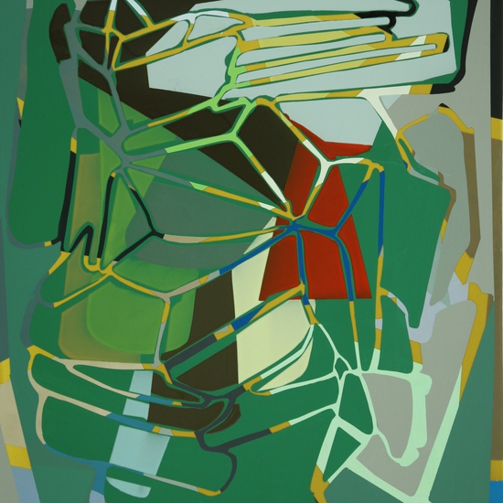Susan Dory creates colorful, lively acrylic paintings on canvas, layered with deconstructed geometric forms