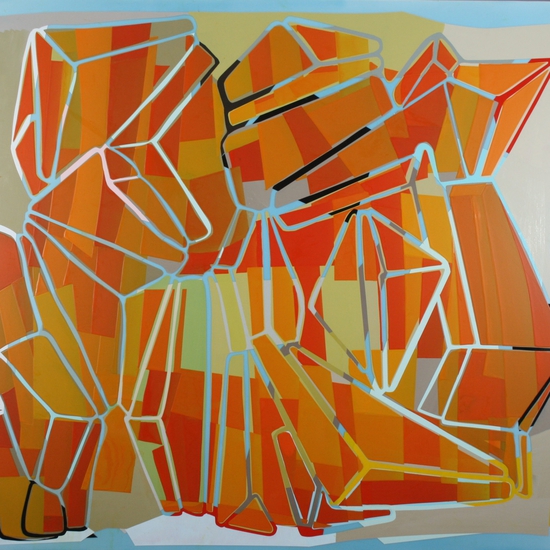 Susan Dory creates colorful, lively acrylic paintings on canvas, layered with deconstructed geometric forms