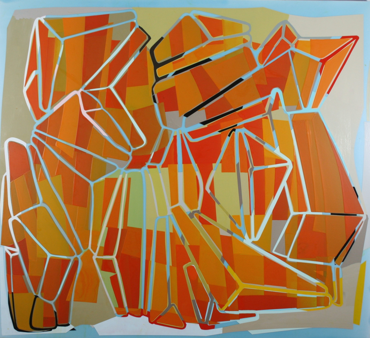 Susan Dory creates colorful, lively acrylic paintings on canvas, layered with deconstructed geometric forms