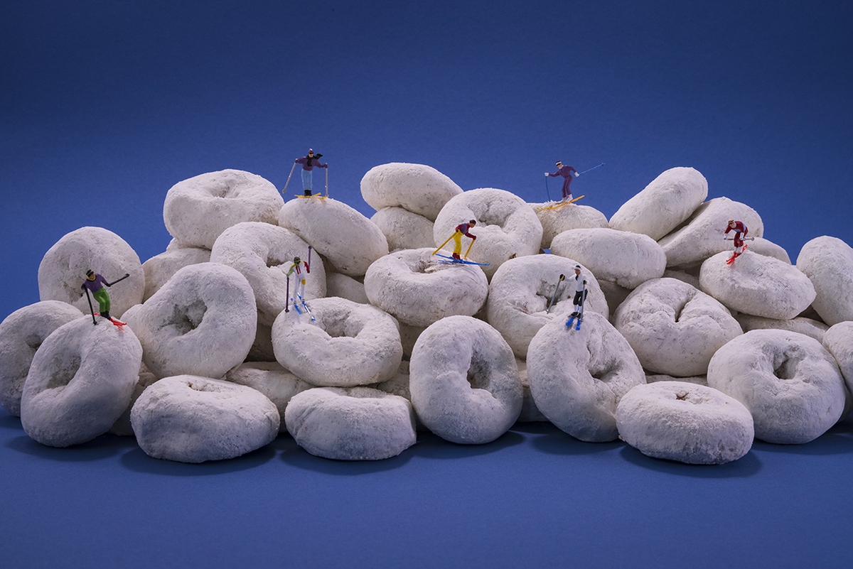 Christopher Boffoli: Doughnut Skiers, 2021, Archival pigment ink print on metallic paper, Available in various sizes