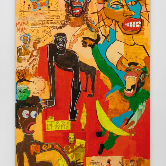 Xavier Kelley: Apollo of Veii Monkey Business, 2023, Acrylic and multimedia collage, 72 x 48 inches