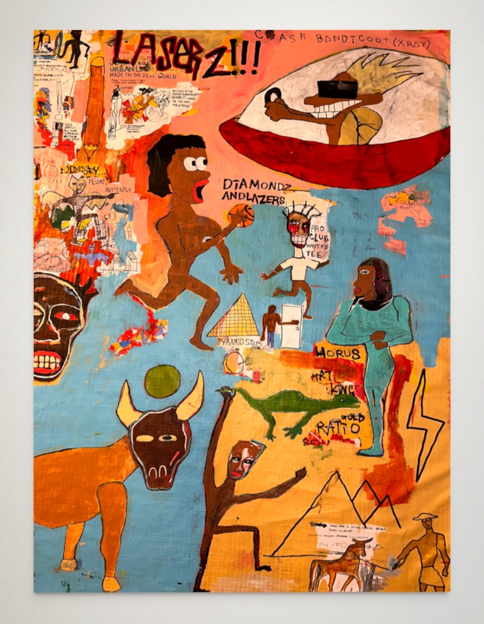 Xavier Kelley: Indigenous, 2024, Acrylic and paper sketch collage on canvas, 73 x 59 inches