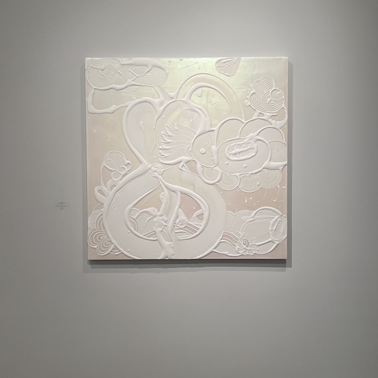 Gallery install of 'Iridescent White Painting (Blue Star)'